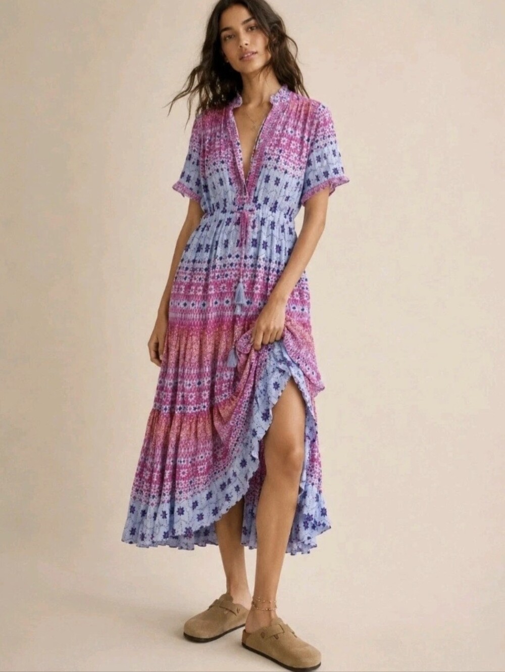 Free People Rare Feeling Pleated Boho Maxi Dress Purple Pink Floral gypsy M - Picture 11 of 13